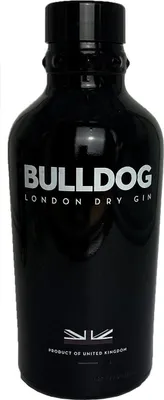 A black bottle of Bulldog London Dry Gin against a white background.