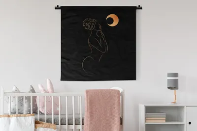 Produktbild von MuchoWow® Wandteppich Wandbehang Frau - Mond - Schwarz und Gold - Strichzeichnung 90x90 cm Tapisserie Dekoration Wandtuch - Wandaufhänger