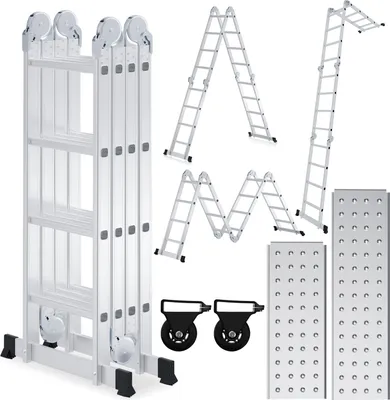 Obrázok produktu pre Bettizia 4x4 viacúčelový rebrík 470cm 6 v 1 hliníkový rebrík Viacúčelový rebrík Skladací rebrík Šikmý rebrík Rebrík pre domácnosť Hliníkový rebrík Multifunkčný rebrík