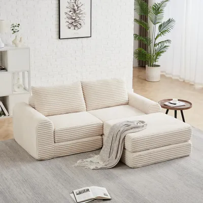 Produktbild von Cord 2-in-1 Schlafsofa mit zwei Kissen, stilvollen gebogenen Armlehnen & abnehmbarem Fußhocker, modulares Sofa für flexible Anordnung, beige