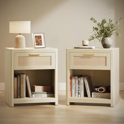 Produktbild von VASAGLE Nachttisch, 2er Set, Boho-Stil, Beistelltisch, mit Schublade in Rattan-Optik, beige