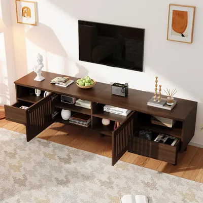 Produktbild von STILVORA TV-Lowboard mit 2 Gittertüren und 2 Schubladen, Fernsehschrank mit offenen Fächern, TV-Schrank aus MDF mit Massivholzbeinen