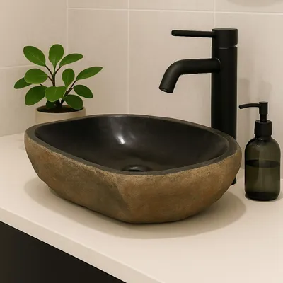 Produktbild von Ovale Waschbecken aus Naturstein für das Badezimmer, 46-53 x 34-40 cm