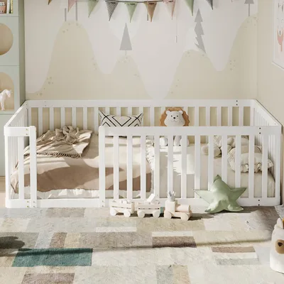 Image de Structure de lit en bois 90x200, avec barrière de sécurité, robuste et adaptée aux enfants (blanc)