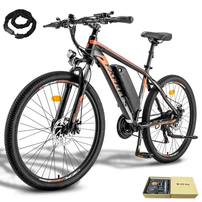 An electric bicycle is displayed against a white background, with a bicycle lock and a gift box of accessories also visible.