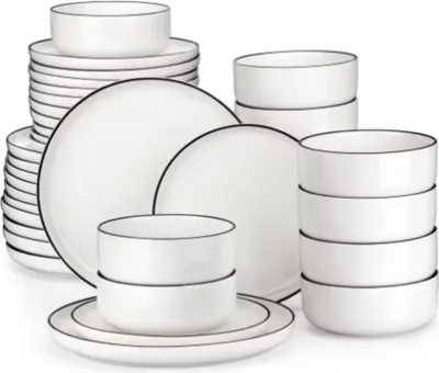 Immagine prodotto di Set da portata Celestial - Servizio da tavola - 12 persone - 36 pezzi - Vetroceramica bianca con bordo nero - Piatto da colazione - Elegante servizio da tavola in Vetroceramica