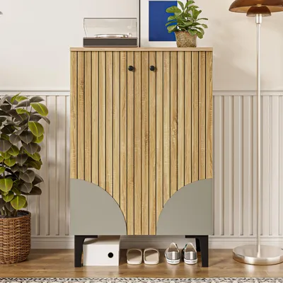 Produktbild von Fortuna Lai Schuhschrank, 4-stöckig moderner Schuhschrank mit Türen, Regalfächern, Stauraum & Schwarzem Metallgestell, Elegantes Design für Flur, Wohnzimmer & Kleine Räume
