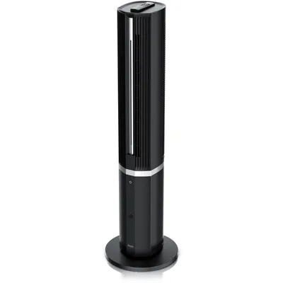 A black and silver tower fan with a remote control on top, set against a white background.