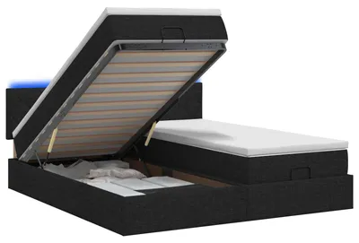 Image de Lit avec rangement et matelas LED, noir, 200 x 200 cm, tissu