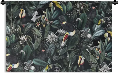 Produktbild von MuchoWow® Wandteppich Wandbehang Blumen - Vogel - Tukan 60x40 cm Tapisserie Dekoration Wandtuch - Wanddekorationen