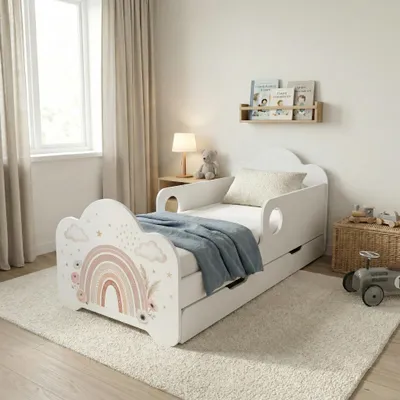 Produktbild von Kinderbett 140x70 cm mit Schublade Matratze Bettkasten Kinderbett Weiß Rausfallschutz Komplettset,Aufkleber, für ein Mädchen, Regenbogen
