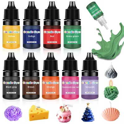 Produktbild von Flüssig Kerzenfarbe Set - 9 hochkonzentrierte Farbtöne für Sojawachs Paraffin und Bienenwachs - DIY Kerzenherstellung - 9 x 5ml Flaschen