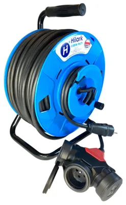 Productafbeelding van Rubberen verlengkabel H05RR-F, 3x2,5 mm², op een omgekeerde kabelhaspel met een 3-voudige verdeeldoos, 50 meter