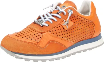 A single orange sneaker is shown from a side angle against a white background.