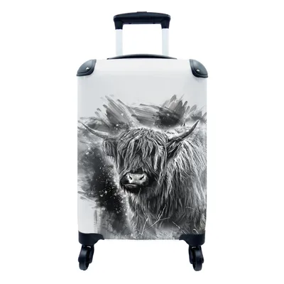 Produktbild von MuchoWow® Koffer Handgepäck Trolley Rollkoffer Kleine Reisekoffer mit 4 Rollen - Schottischer Highlander auf einem Zeichenhintergrund - schwarz und weiß - Cabin Size < 55x40x23 cm & 55x40x20 cm - Fotokoffer - Kabinenkoffer - Boardgepäck - Reise-Box - Reisekoffer - Reisegepäck - Koffer mit Bild - Trolley für Kinder