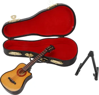 Productafbeelding van Miniatuur elektrische gitaar, gemaakt van lindehout en metaal. Model van een mini-muziekinstrument, ornament. 13 cm, met cutaway