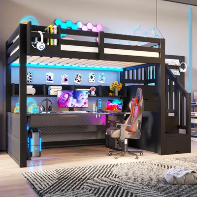 Produktbild von STILVORA Hochbett 90x200cm aus Holz mit Stauraumschränken, Kinderbett mit LED-Beleuchtung und Stauraumtreppe, Jugendbett in Schwarz