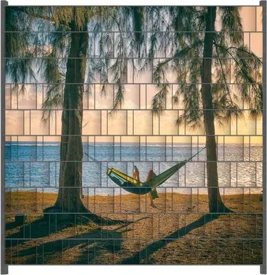 Produktbild von Wallario Zaunsichtschutz mit Motiv Chillout - Hängematte am Meer für Ein- und Doppelstabmatten Zäune in der Größe 200 x 200 cm