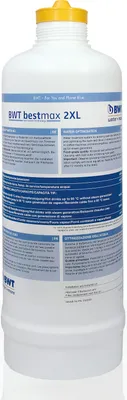 A white cylindrical water filter cartridge with a yellow cap, labeled with brand and product information.