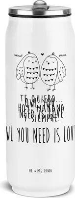 Produktbild von Mr. & Mrs. Panda Trinkflasche Eulen Liebe - Weiß - Geschenk, Eule, Edelstahl, Thermoflasche, Mehrwegdose, Liebesspruch, Thermosflasche, Wasserflasche, glücklich