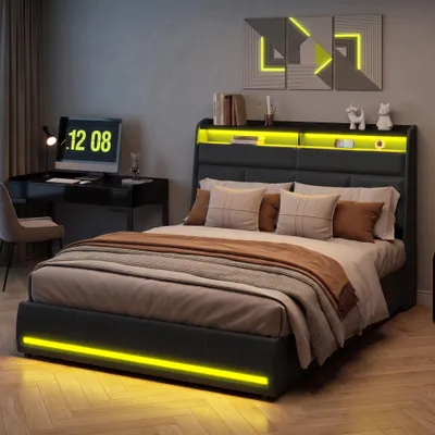 Produktbild von INONEFT Polsterbett 160x200cm mit LED-Beleuchtung und Stauraum, Jugendbett Doppelbett mit Lattenrost und Bettkasten, Hydraulisches Bett, PU, Schwarz