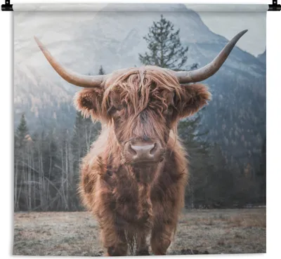 Produktbild von MuchoWow® Wandteppich Wandbehang Schottischer Hochländer - Kuh - Tiere - Berg - Natur 120x120 cm Tapisserie Dekoration Wandtuch - Modern - Baumwollgewebe