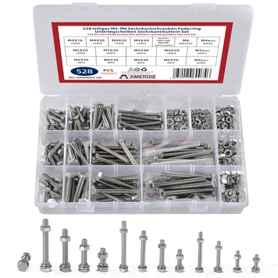Produktbild von 528PCs Sechskantschrauben Edelstahl M4 M5 M6 Schrauben mit Muttern Unterlegscheiben und Federringe Sortiment Kit Silber