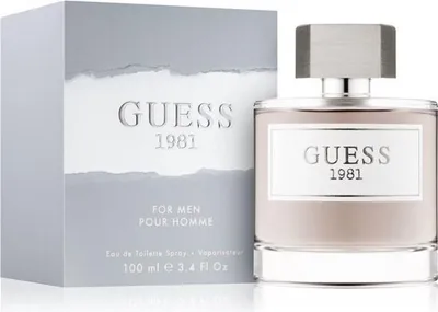A bottle of Guess 1981 for Men Eau de Toilette and its packaging are displayed against a white background.