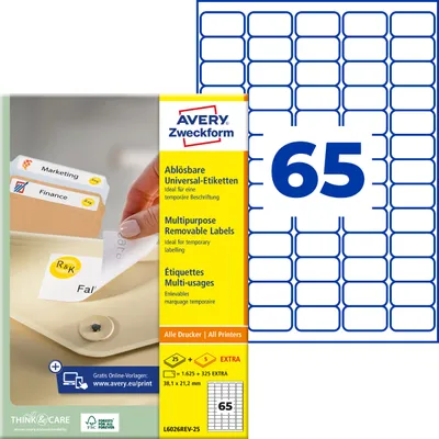 Produktbild von Avery Zweckform L6026REV-25, Universal-Etiketten, A4, 38,1 x 21,2 mm, 1.950 Etiketten / 30 Bögen, weiß