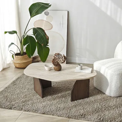 Obrázok produktu pre Skye Decor, kvalitný konferenčný stolík, travertín a orech, 100 x 35 x 60 cm | 100 % melamínom potiahnutá drevotriesková doska, hrúbka 18 mm | Elegantný dizajn pre moderné bývanie.