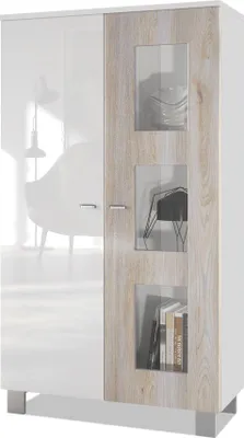 Produktbild von Vladon Vitrine Denjo,  Germany, Standvitrine mit 2 Türen und 3 Glaseinsätzen, Weiß matt/ Weiß Hochglanz/ Eiche Nordic  (71 x 129 x 35 cm)