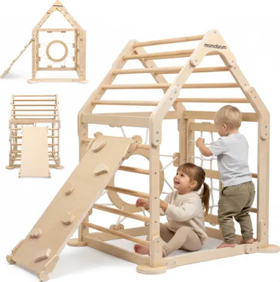 Produktbild von Großer Indoor Holz-Spielplatz für Kinder – Kletterhaus mit Rutsche, Kletterwand, Netz & Tunnel | Mamabrum