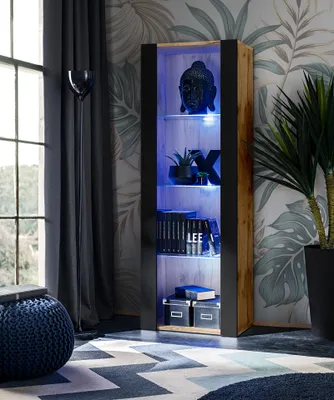 Produktbild von Komodee | Vitrine Schrank Tivoli mit 3 Regalböden, Korpus Wotan Matt Frontfarbe Schwarz Matt, LED Blau