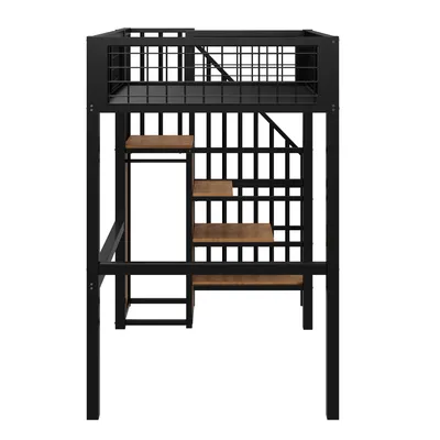 Produktbild von Flieks Etagenbett 90×200cm mit Treppe und Kleiderschrank, Hochbett Jugendbett mit Lattenrost, Kinderbett mit Rausfallschutz, Einzelbett Metallbett, Schwarz