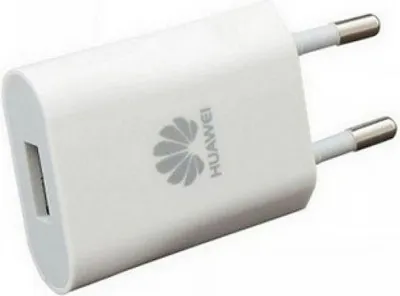 A white Huawei charger with a USB-C port and two prongs for a wall outlet.