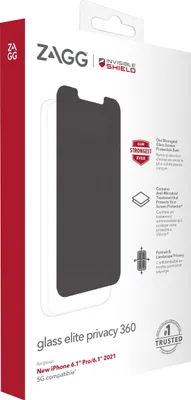 Produktbild von InvisibleShield Glass Elite Privacy, Apple, iPhone 17e/16e/14/13/13 Pro, Antibakteriell, Staubresistent, Kratzresistent, Schwarz, 1 Stück(e)