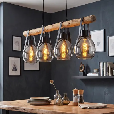 Produktbild von Fossobiubo Hängelampe aus Metall/Holz/Glas in Schwarz/Natur/RAuchfarben