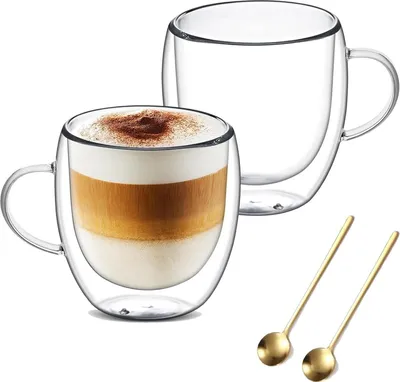 Produktbild von Set mit 2 Espressotassen, 80 ml doppelwandige Isolierglas-Kaffeetassen mit Henkel und 2 Löffeln, Americano, Espresso, Cappuccino, Tee, Getränk