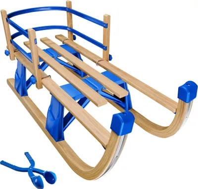 A wooden and blue sled with a snow ball maker accessory.