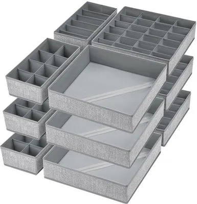 Obrázek produktu pro Uniqoos® Sada 12 kusů skládacích organizérů do skříní a zásuvek, šedá barva – 3 velké boxy (33×33×9 cm), 3 vložky s 24 přihrádkami, 6 středních organizérů (8/6 přihrádek), materiál: 80 g vlies, karton o tloušťce 1,8 mm, zip