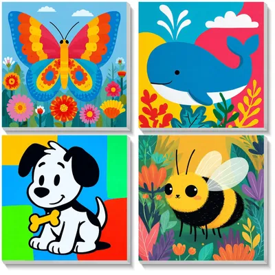Malen nach Zahlen Set, 4 bunte Tiere, 20x20 cm, mit Rahmen