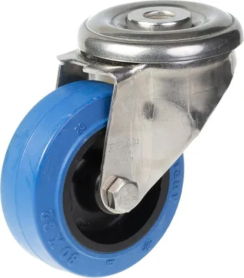 Produktbild von 80-mm-Edelstahl-Lenkrolle mit blauem Elastikgummi auf Nylon-Mittelrad