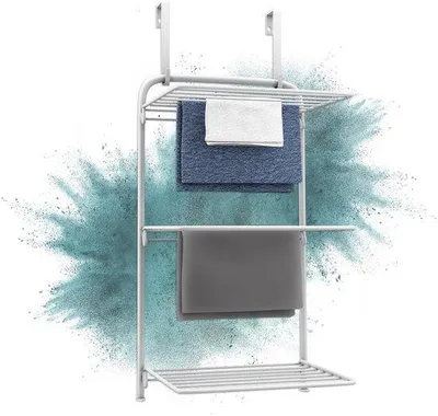 Immagine prodotto di Ibenzoa® - Porta asciuga biancheria bianco – Scaffale asciugante salvaspazio con 3 ali pieghevoli, acciaio con rivestimento in plastica bianca, lunghezza di asciugatura di 11 metri, per montaggio su porta