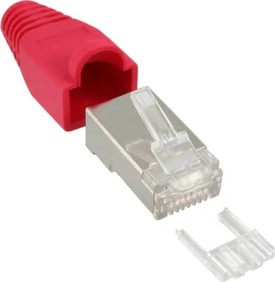 Produktbild von InLine 10er Pack Crimpst. RJ45 gesch., mit Knickschutz & Einfädelhilfe, rot, Rot, Kunststoff, 38 g, 10 Stück(e), 70 mm, 123 mm