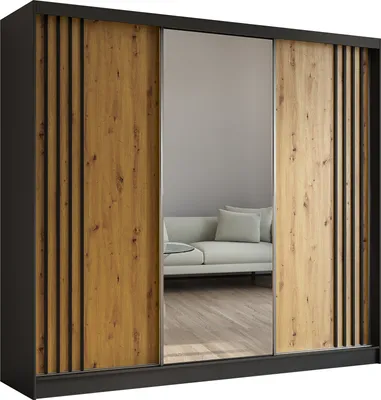 Produktbild von 240 cm Kleiderschrank Neli mit Lamellen und Spiegel inklusive 3 Schiebetüren Schwebetürenschrank (Farbe: schwarz, Artisan, Lamelle schwarz)