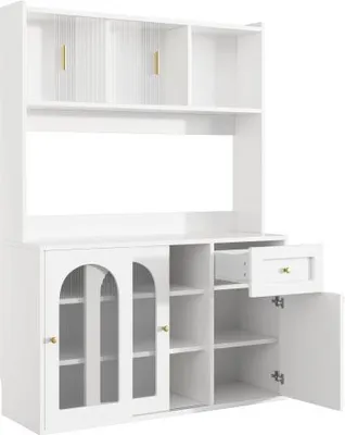 Produktbild von Hochschrank 120 x 35 x 167 cm Kuechenschrank Vitrinenschrank Buffetschrank Mit 3 Schubladen Verstellbaren Ablagen Sideboard LED-Beleuchtung Weiss