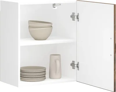 An open white cabinet with shelves containing kitchenware.