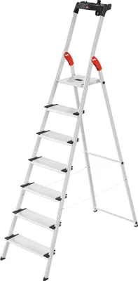 Produktbild von Hailo L80 ComfortLine Alu-Sicherheits-Stehleiter - 7 XXL-Stufen belastbar bis 150 kg - Tiefe Standfläche - Stehleiter mit Ablage - klappbare Aluleiter  Germany - Leiter rostfrei - Silber
