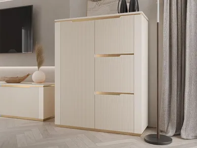 Zdjęcie produktu dla MIRJAN24 Kredens Hilafin 4D, stylowy salon, kredens z czterema drzwiami skrzydłowymi (kolor: piaskowy beż + złoty)