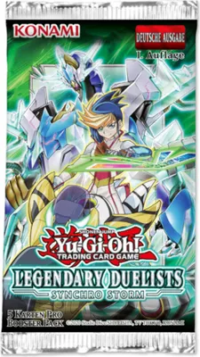 A booster pack for the Yu-Gi-Oh! Trading Card Game, featuring characters and monsters from the 'Legendary Duelists: Synchro Storm' set.